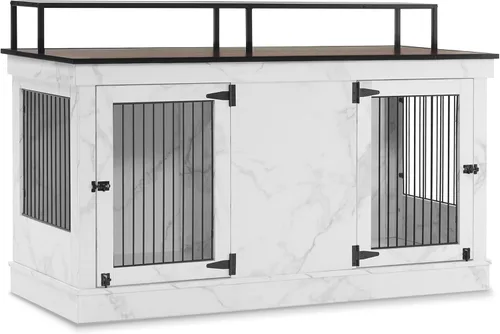 Vista 10 de MCombo Jaula de madera para perros de 57 pulgadas, soporte de TV de madera para 2 perros medianos, jaula grande con 2 puertas, mesa auxiliar