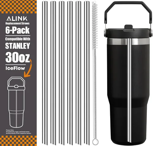 Vista 11 de ALINK - Paquete de 6 popotes de acero inoxidable compatibles con el vaso Stanley Iceflow de 20 onzas con tapa abatible, popotes metálicos