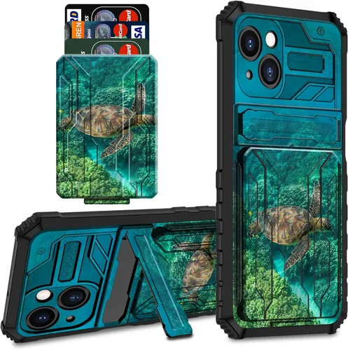 Vista 10 de Funda tipo cartera para iPhone 14 con soporte para tarjeta de crédito y soporte de doble capa de policarbonato duro de TPU suave para iPhone 14