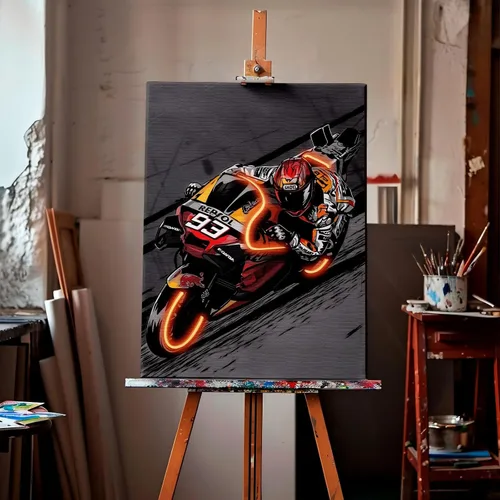 Vista 2 de Sorventina Pintura en Estilo Neón Naranja #93 RC213V Bicicletas de Carrera en Arte de Pared - Lienzo Envuelto de 16x24, Sin LED, Decoración Ideal
