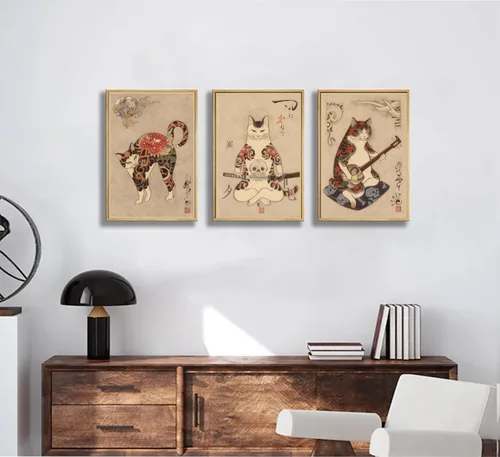 Vista 4 de 6 piezas de arte de pared de gato samurái japonés de carteles de decoración de bushido de Japón, pinturas de Kung Fu tatuajes divertidos de fantasía