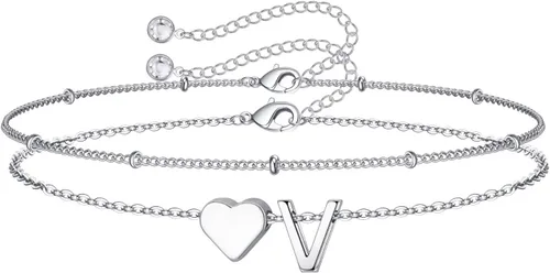 Vista 18 de M MOOHAM Pulseras de oro con inicial de corazón para mujer, pulseras con dije de letra A-Z de corazón dorado en capas para mujer, pulseras