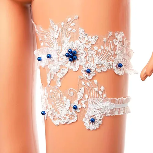 Vista 6 de Conjunto de ligas de boda de perlas de encaje nupcial elástico para muslo, accesorios para novia dama de honor (2 unidades)