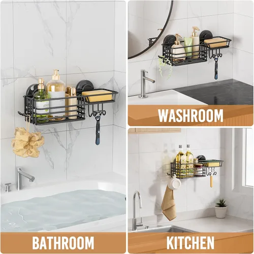 Vista 7 de LEVERLOC Organizador de ducha con ventosa, estante de baño negro con gancho y soporte para jabón, organizador de baño sin taladro