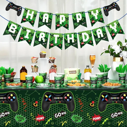 Vista 7 de Tiamon 172 piezas de decoración de fiesta de videojuegos – Sirve 24 suministros de vajilla de fiesta de juegos, incluye pancartas de feliz
