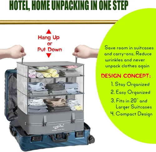 Vista 7 de Compressible Packing Cubes Portable Hanging Closet Shelves 17"x12"x24" Extendable Travel Organizer Nylon Packing Bags for Suitcase