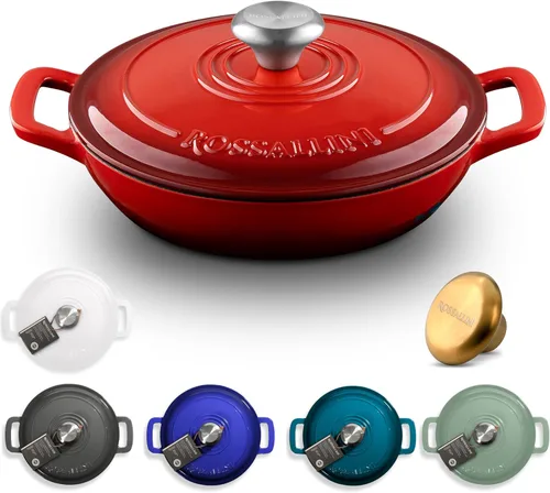 Vista 13 de ROSSALLINI Brasera de Hierro Fundido Esmaltada Signature, Olla de Servir Antiadherente con Tapa de Cierre Hermético para Asado Perfecto, Horneado