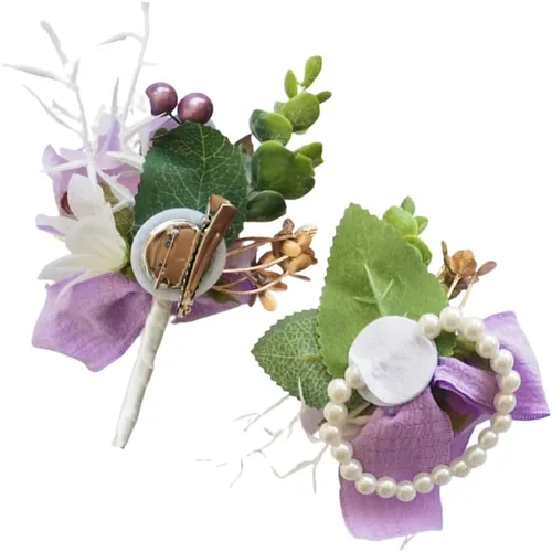 Vista 6 de Wrist Corsage and Boutonniere Set for Bride Groom Bridesmaids Groomsmen Wedding Homecoming Flowers Prom Suit Accessories, Rose Boutonniere and