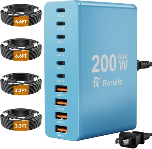 Vista 11 de Estación de carga USB C de 10 puertos con 4 cables USB, bloque de cargador GaN tipo C de 200W, adaptador de enchufe de regleta de alimentación