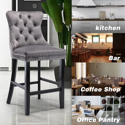 Vista 239 de SoarFlash Juego de 2 taburetes de bar tapizados de terciopelo moderno con patas de madera, botones acolchados, cabeza de clavo cromada, asiento