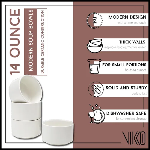 Vista 3 de Vikko Moderno juego de 4 cuencos de sopa de porcelana blanca mate, apilables de 14 onzas, elegante, estilo restaurante, apto para microondas