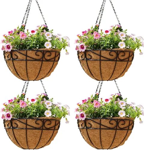 Vista 12 de Cestas colgantes de metal de 8 pulgadas para plantas al aire libre, paquete de 4 cestas colgantes redondas de alambre de metal con forro de fibra