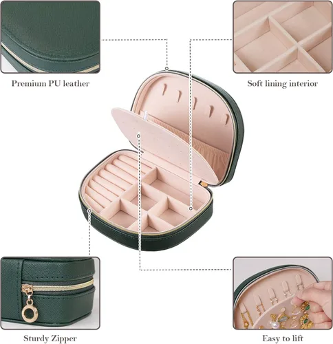 Vista 5 de ProCase Joyero de tamaño de viaje, pequeño estuche de joyería portátil en forma de concha, mini organizador de joyas de 2 capas en piel sintética