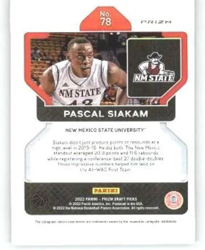 Vista 2 de 2022-23 Panini Prizm Draft Picks Prizms Purple Wave #78 Pascal Siakam New Mexico State Aggies Basketball Trading Card