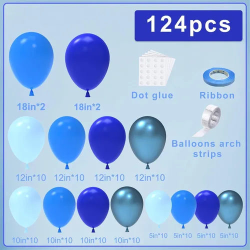 Vista 2 de NISOCY Kit de arco de guirnalda de 124 globos azules, 18, 12, 10 y 5 pulgadas, color azul claro, azul real, azul metálico, globos para baby shower