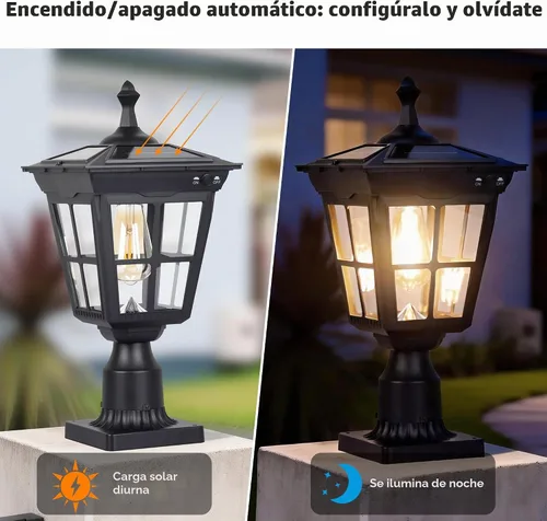 Vista 5 de Lámpara solar para poste de luz, aluminio fundido, impermeable, luces LED de pilar con vidrio para exteriores, del atardecer al amanecer, luz solar