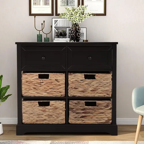 Vista 7 de PHI VILLA Black Accent Cabinet with Rattan Basket, Storage Buffet Cabinet Black Storage Cabinet with Baskets, Small Accent Cabinet with Drawers