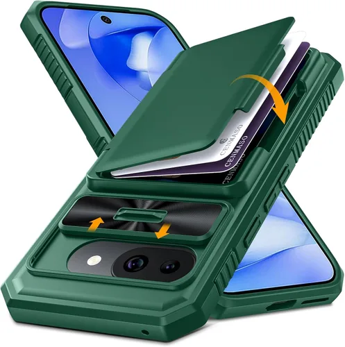 Vista 16 de CENMASO - Funda para Google Pixel 9 Pro XL con tarjetero (4 tarjetas), funda deslizante para cámara y función atril, bloqueo RFID, protección