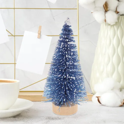 Vista 5 de Decoración para el hogar, mini árbol de Navidad artificial, 4 piezas, árboles de sisal, escarcha de nieve, cepillo para botella con bases de madera