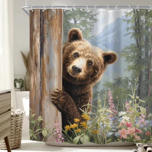 Vista 9 de Riyidecor Funny Brown Bear Shower Curtain for Bathroom Decor 60Wx72H Rustic Wooden Board Plank Animal Humorous Farmhouse Mountain Tree Art Printed