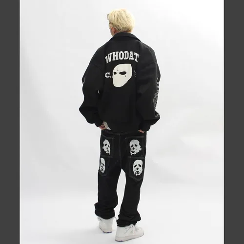 Vista 6 de Pantalones de mezclilla góticos de hip hop, ropa de calle para hombre, estampado gráfico, holgados, punk rock, Harajuku, pantalones de mezclilla