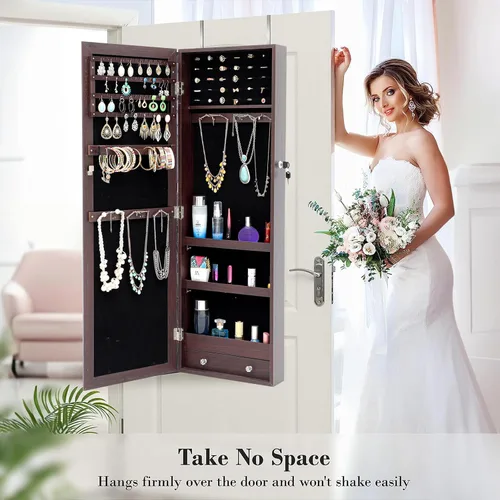 Vista 5 de HOUAGI Espejo con almacenamiento de joyas, organizador de joyas sobre la puerta, armario de joyería con cerradura para colgarmontaje en pared