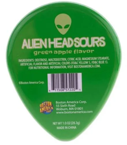 Vista 3 de Boston America, Lata de Halloween Alien Head Sours, 1 onza