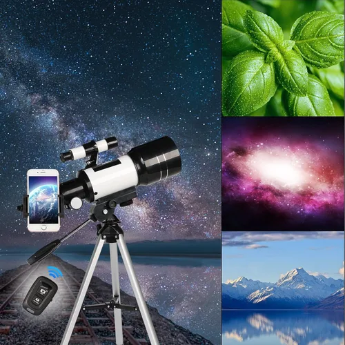 Vista 6 de Telescopio para adultos y niños, refractor de apertura de 2.756 in (15X-150X), telescopio de viaje portátil con adaptador de teléfono y control Negro