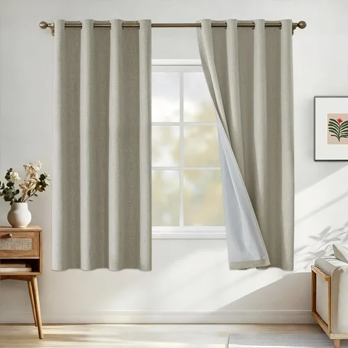 Vista 41 de Cortinas 100% opacas para dormitorio, cortinas opacas de 63 pulgadas de largo, cortinas opacas de lino para sala de estar, cortinas con ojales