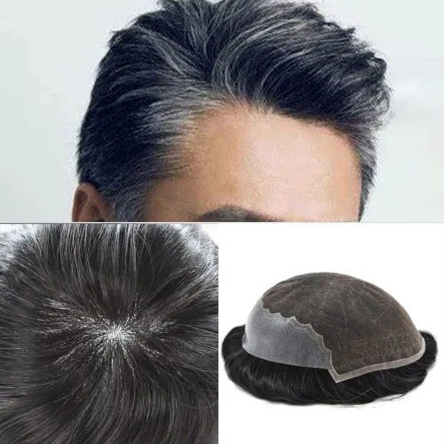 Vista 78 de Pieza de cabello para hombres suizo frente encaje frontal tupé europeo Remy sistema de reemplazo de cabello humano nudo blanqueado línea capilar