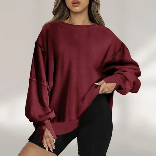 Vista 2 de Cómoda sudadera para mujer, ajuste holgado, casual, cuello redondo, a la moda, blusas de manga larga, blusas de color sólido