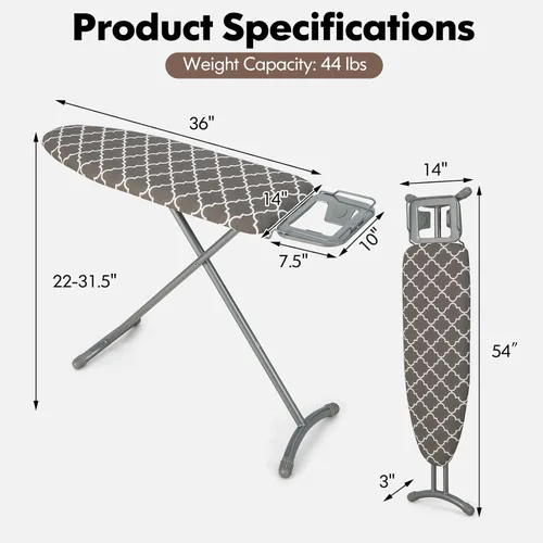Vista 6 de COSTWAY Tabla de planchar de tamaño completo, soporte de hierro plegable con cubierta de tabla de planchar adicional, altura ajustable de 7