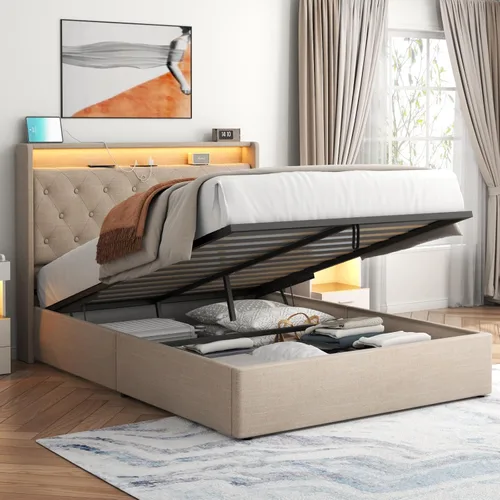 Vista 11 de Loomie Marco de Cama Queen Elevable con Estación de Carga y Luces LED, Cama Tapizada con Cabecera de Almacenamiento Capitoné con Respaldo Alto
