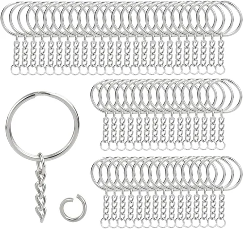 Vista 8 de 100 juegos de llaveros de 1 pulgada, llavero redondo dividido dorado con cadena y anillos de salto abiertos para hacer llaveros de bricolaje