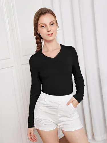 Vista 4 de Floerns Camiseta básica de manga larga con cuello en V y busto fruncido para niñas