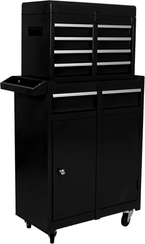 Vista 7 de Carro de herramientas rodante de 4 cajones, caja de herramientas con ruedas y parte superior de madera, carrito de almacenamiento de herramientas