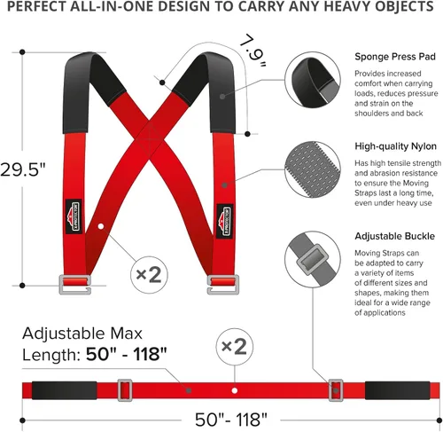 Vista 3 de X-Protector - Correas para mudanza, 2 pares, correas de elevación para 2 personas, correas para mover muebles de forma fácil y segura, perfectas