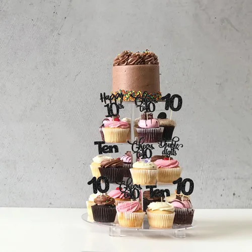 Vista 6 de Paquete de 30 adornos para cupcakes con purpurina de doble dígito para cumpleaños de 10 años, para cumpleaños, aniversario, fiesta, suministros