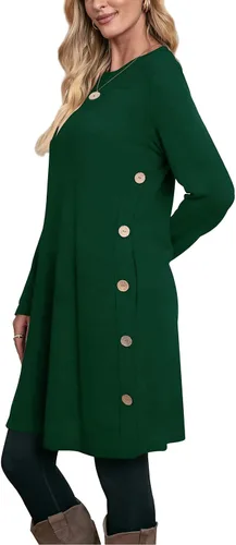 Vista 2 de OFEEFAN - Vestido de invierno con manga larga, bolsillos y botones laterales para mujer