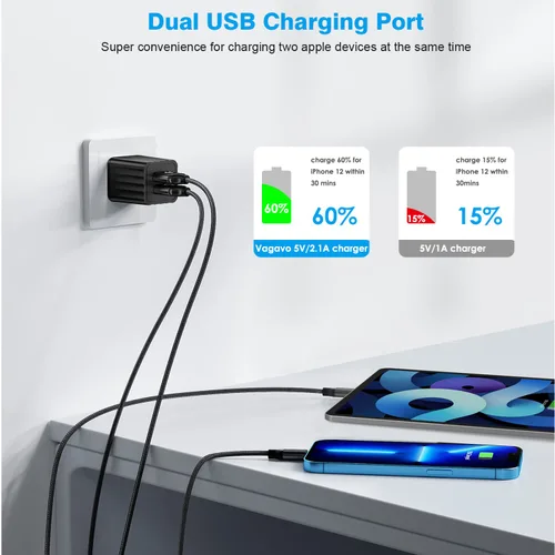 Vista 6 de Cargador de iPhone de 10 pies, bloque de carga rápida para iPhone de doble puerto USB, adaptador de enchufe de pared de 2 paquetes y cable de carga
