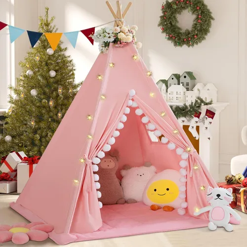 Vista 12 de WIRHAO Tienda de campaña tipi para niños con alfombrilla acolchada, lona de algodón, tipi con pompón para niños pequeños, tienda de campaña