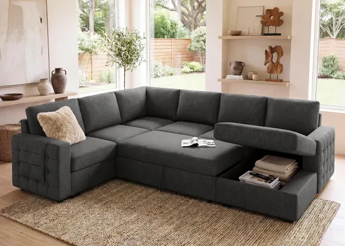 Vista 17 de HONBAY Sofá cama seccional con cama extraíble, sofá seccional en forma de U con diván de almacenamiento, sofá seccional de 6 plazas, terciopelo negro