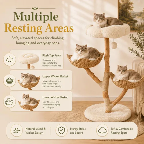 Vista 2 de Erinnyees Árbol para gatos de madera natural de 44.5 pulgadas con 2 camas
