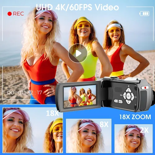 Vista 4 de Videocámara de cámara de video 4K Ultra HD, grabadora digital de 48 MP con micrófono inalámbrico Lavalier, zoom digital 18X, control remoto, tarjeta
