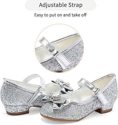 Vista 4 de Stelle - Zapatos de vestir para niñas pequeñas, zapatos de princesa con purpurina y flores, tacón bajo estilo Mary Jane, ideales para fiestas y bodas