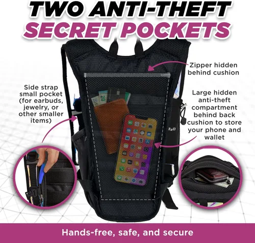 Vista 2 de Mochila de Hidratación Rave – Paquete de Hidratación Antirrobo para Festivales con Bolsa de 1.5L de TPU a Prueba de Fugas – Paquete de Agua Delgado