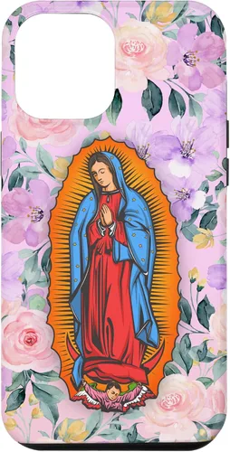 Vista 6 de Funda para iPhone 14 Virgen de Guadalupe versión flores rosas
