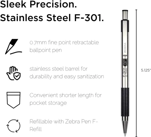 Vista 2 de Zebra Pen F-301 - Bolígrafo compacto de acero inoxidable, punta fina de 0.7mm (0.028 in), 1 unidad: tinta de fácil deslizamiento, agarre
