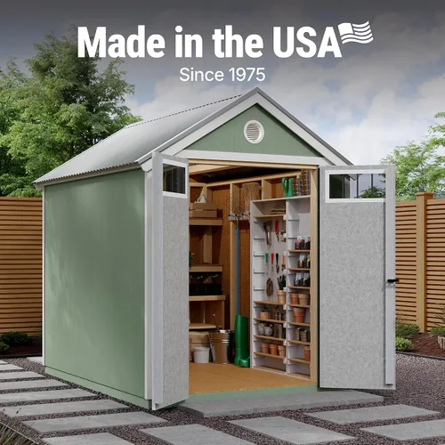 Vista 4 de Handy Home Products Cobertizo de jardín de 6 x 8 pulgadas, cobertizo de almacenamiento de madera con techo de metal, no incluye kit de suelo ni