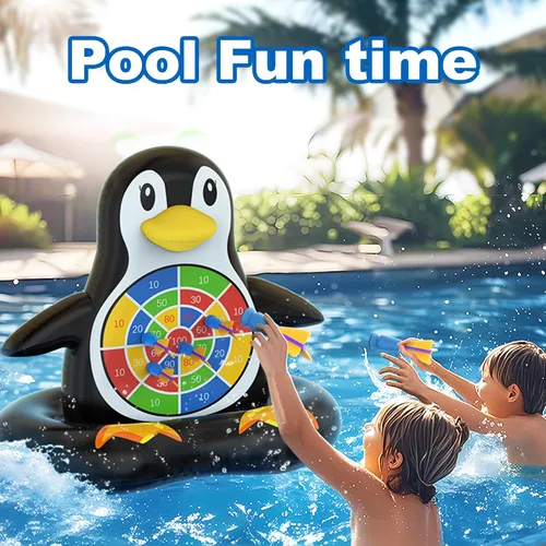 Vista 3 de MOONTOY Juguetes de piscina para niños, juego de mesa inflable de pingüino, juegos de piscina para playa y patio trasero, juguetes acuáticos